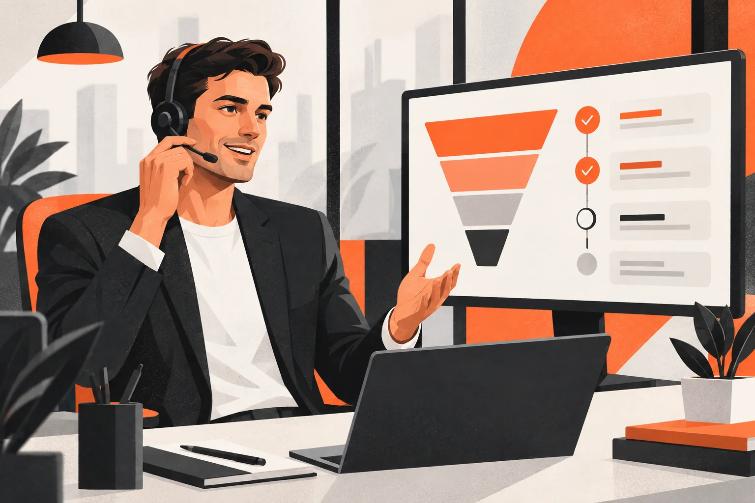 Менеджер по продажам работает с клиентом и фиксирует движение сделки в CRM
